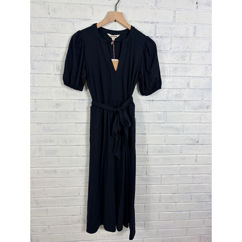 Boden Sofia Trim Jersey Midi Dress Women 2 Black Short Puff Sleeve V-Neck Belted